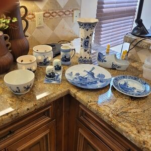Blue and White Dutch-Style Porcelain Dinnerware Set
